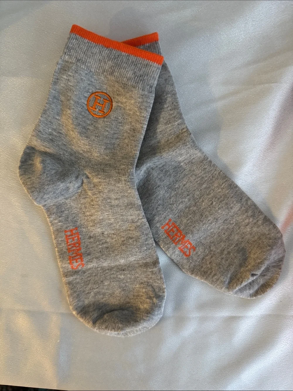New! Hermes Gray & Orange Men's Crew Sock with Contrast Trim